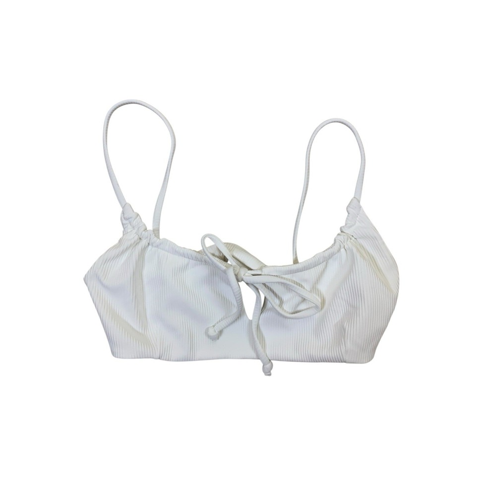 Citrine White Ribbed Tie Front Bikini Swim Top Minimalist Beach‎ Small